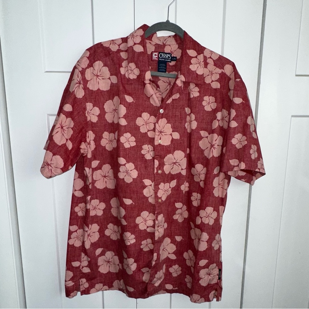 Men's Chaps Ralph Lauren Hibiscus Floral Short Sleeve Button-up Red Shirt - L - Picture 1 of 5